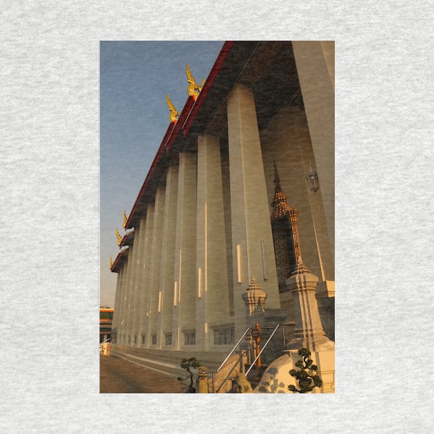 Part view from Phra Ubosot Buddha hall in low angle view with white columns. by kall3bu